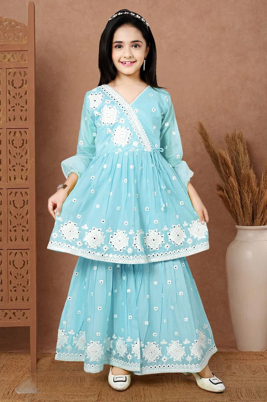 Manufacturer, Exporter, Importer, Supplier, Wholesaler, Retailer, Trader of Sky Blue Sharara Suit For GIrls in New Delhi, Delhi, India