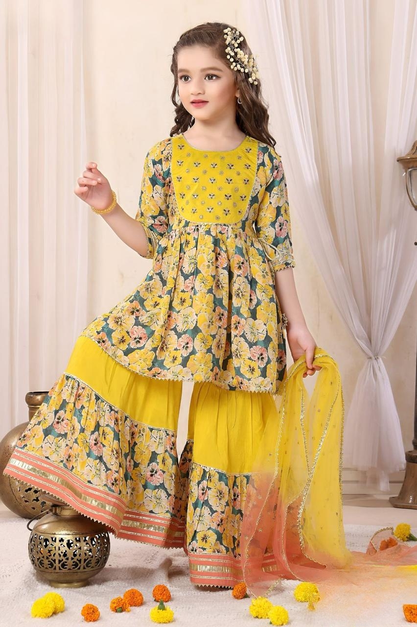 Manufacturer, Exporter, Importer, Supplier, Wholesaler, Retailer, Trader of Yellow Printed Sharara Suit For GIrls in New Delhi, Delhi, India
